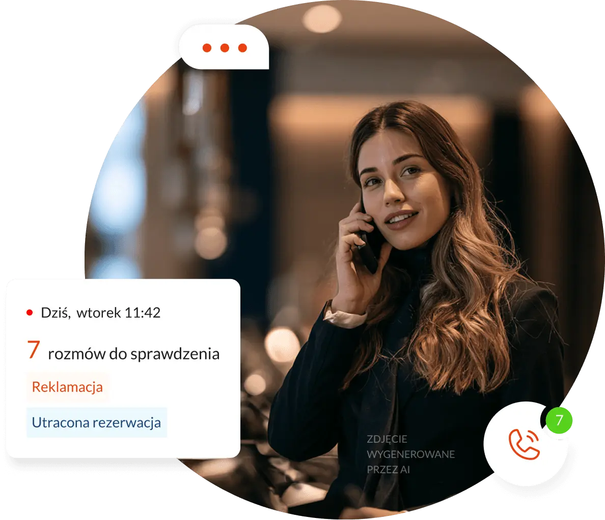 Recepcjonistka hotelu rozmawia przez telefon, obok podgląd analizy rozmowy w Sellway