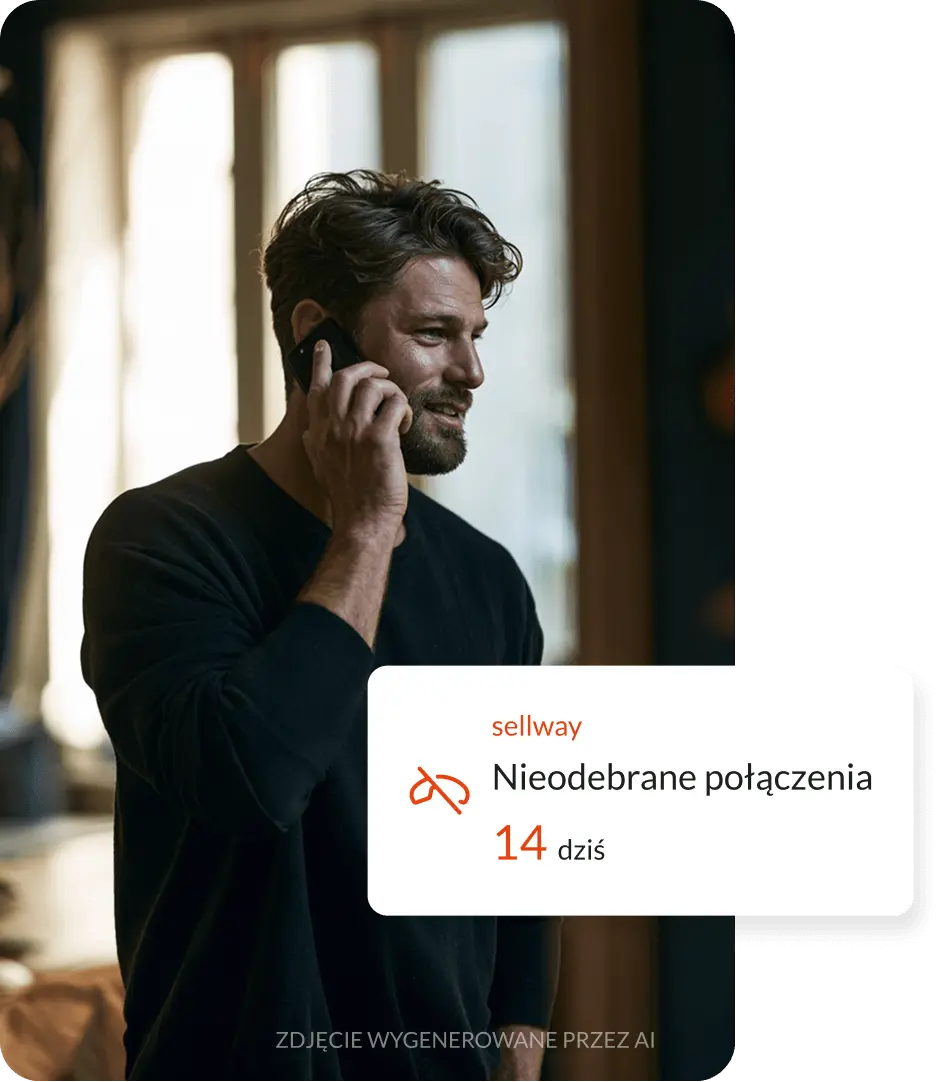 Mężczyzna rozmawia przez telefon, obok powiadomienie Sellway o 14 nieodebranych połączeniach